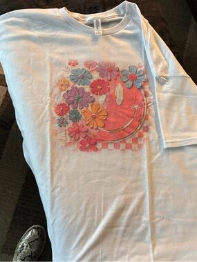 Jerzees White Tee with Pink Floral Smiley